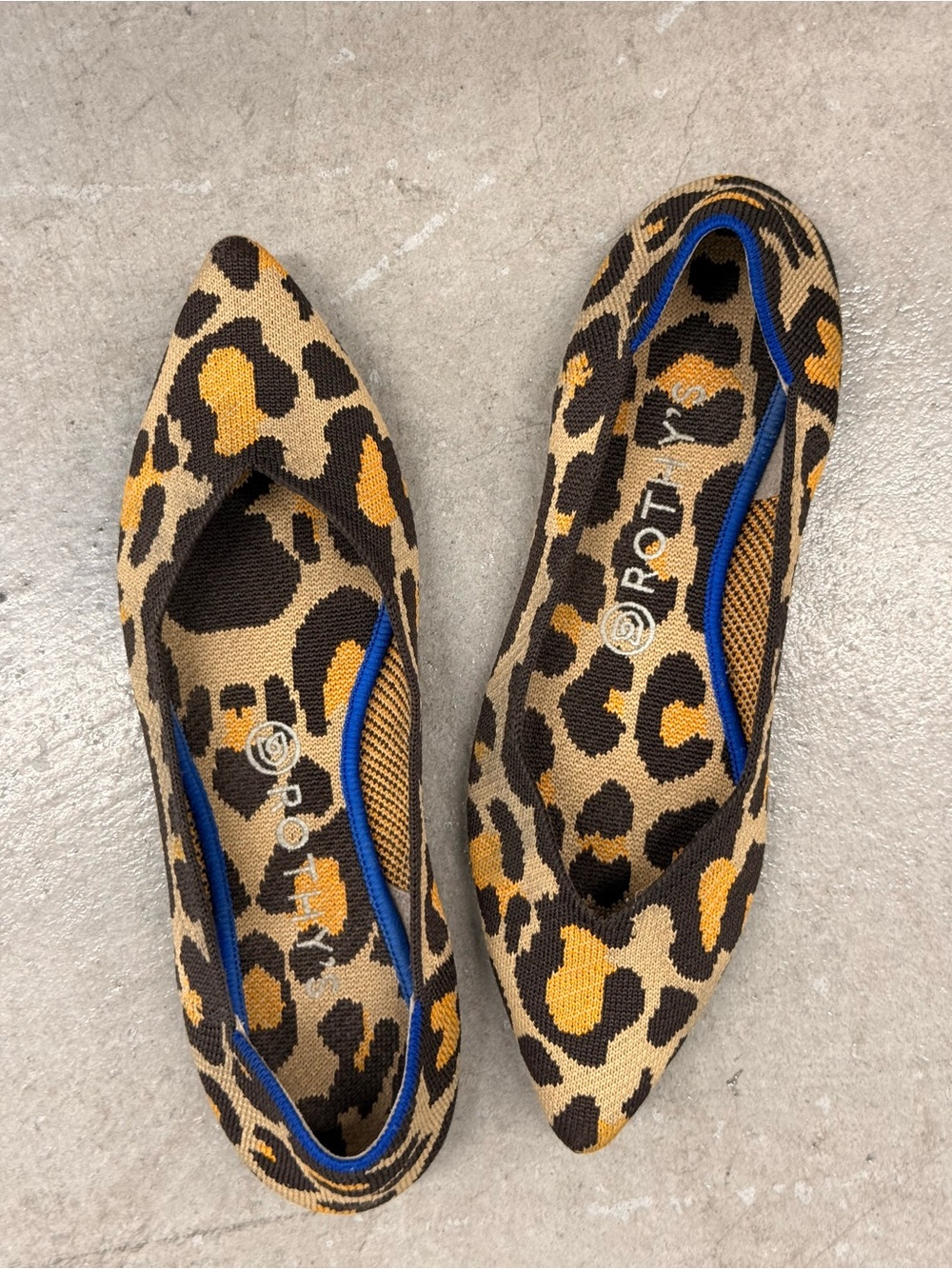 Rothy's Leopard-Print Pointed Knit Flats in Brown and Gold Accents